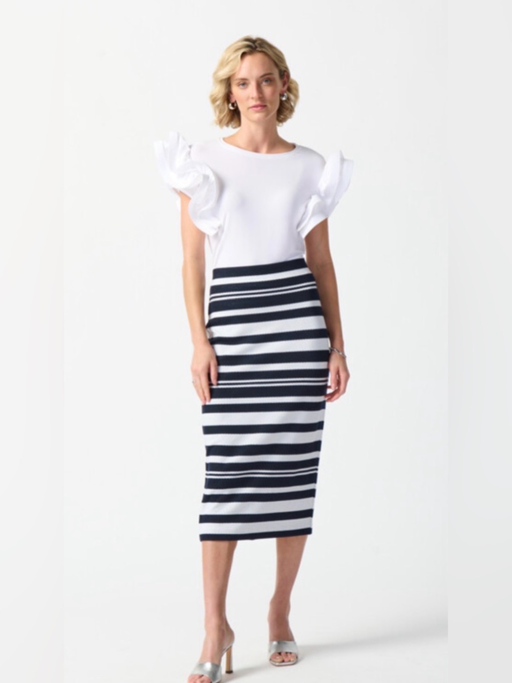Joseph Ribkoff Navy and White Striped Midi Pencil Skirt Size 8